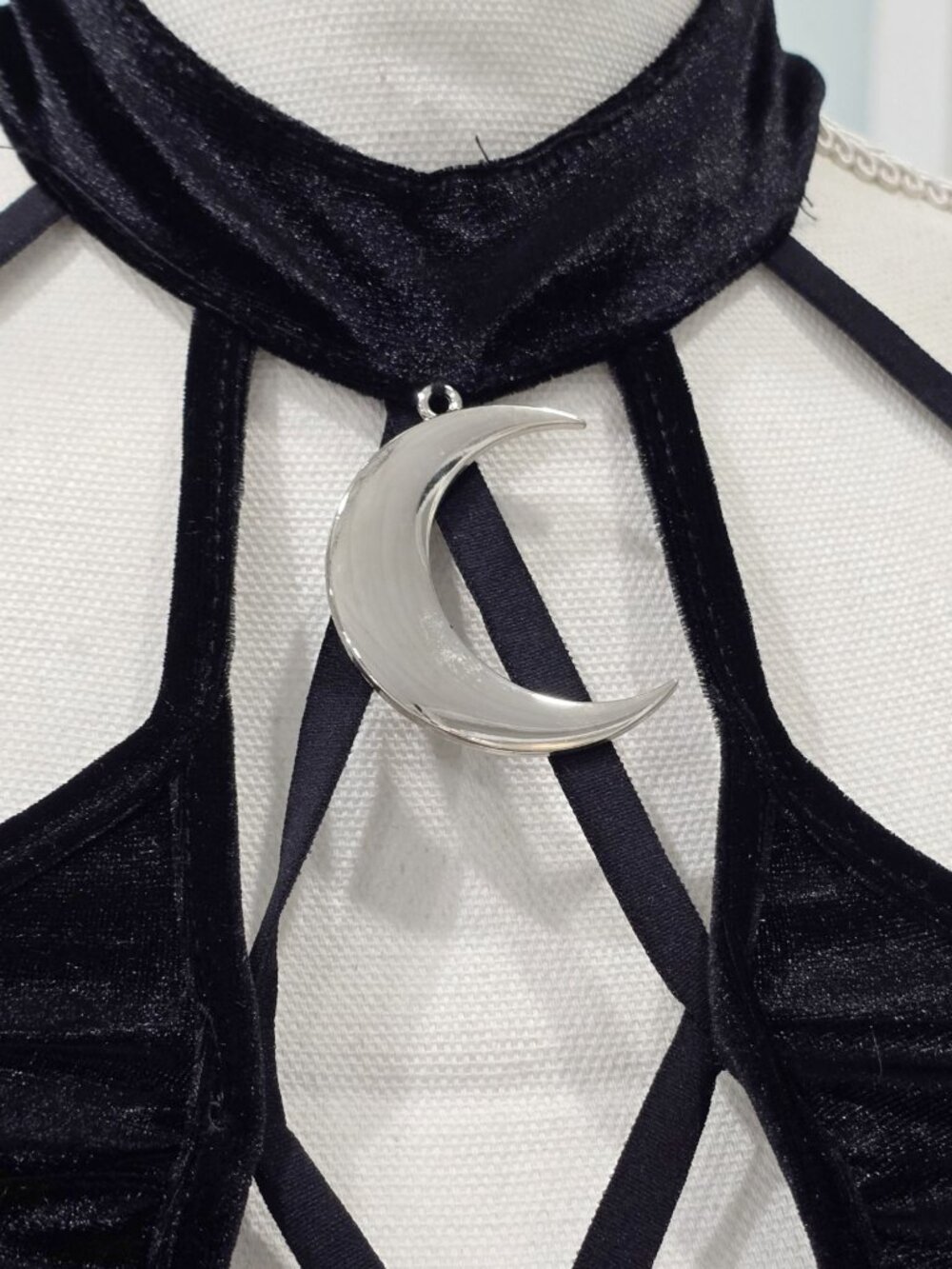 Velvet Halter Crop Top ✦ Gothic Black Strappy Deep‑Plunge ✦ Crescent Moon M NWT - Picture 4 of 10
